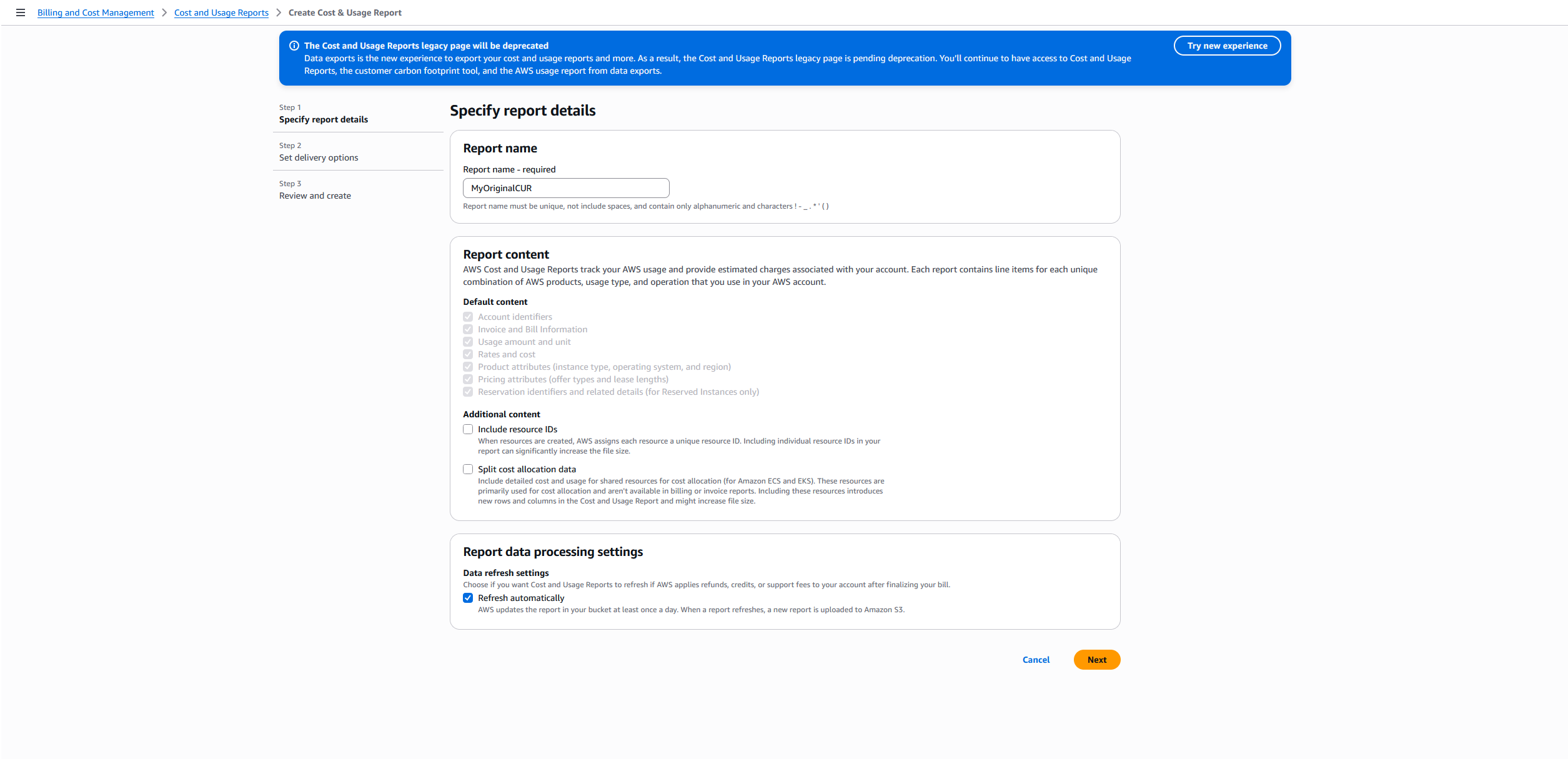 AWS Data Exports landing page showing an empty exports table with a blue Create button
